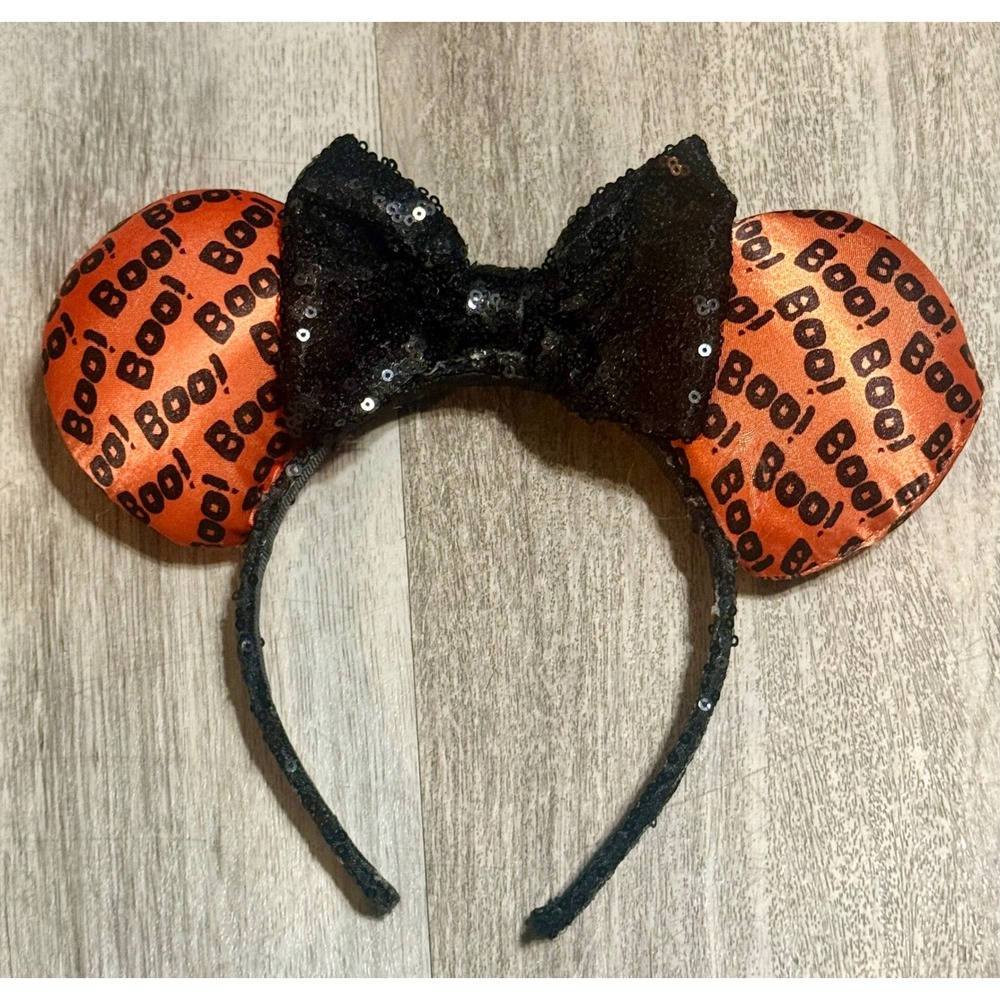 Disney Parks Minnie Mouse Halloween Boo Ears Headband Black Sequin Bow 14618TJX